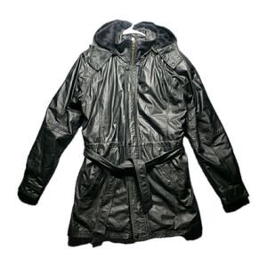 Vintage Leather Lambskin Leather Coat Fur Hood Women’s Size S Black Jacket
